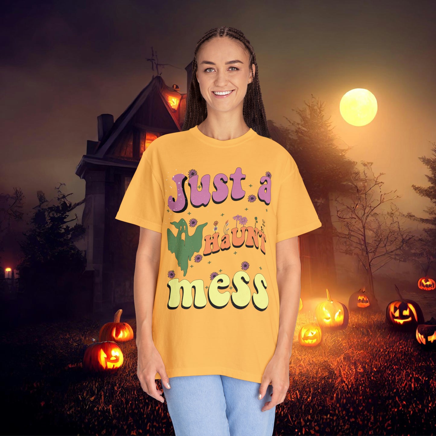 Just a Haunt Mess Retro Halloween Unisex Garment-Dyed T-shirt Gifts for Her Gifts for him