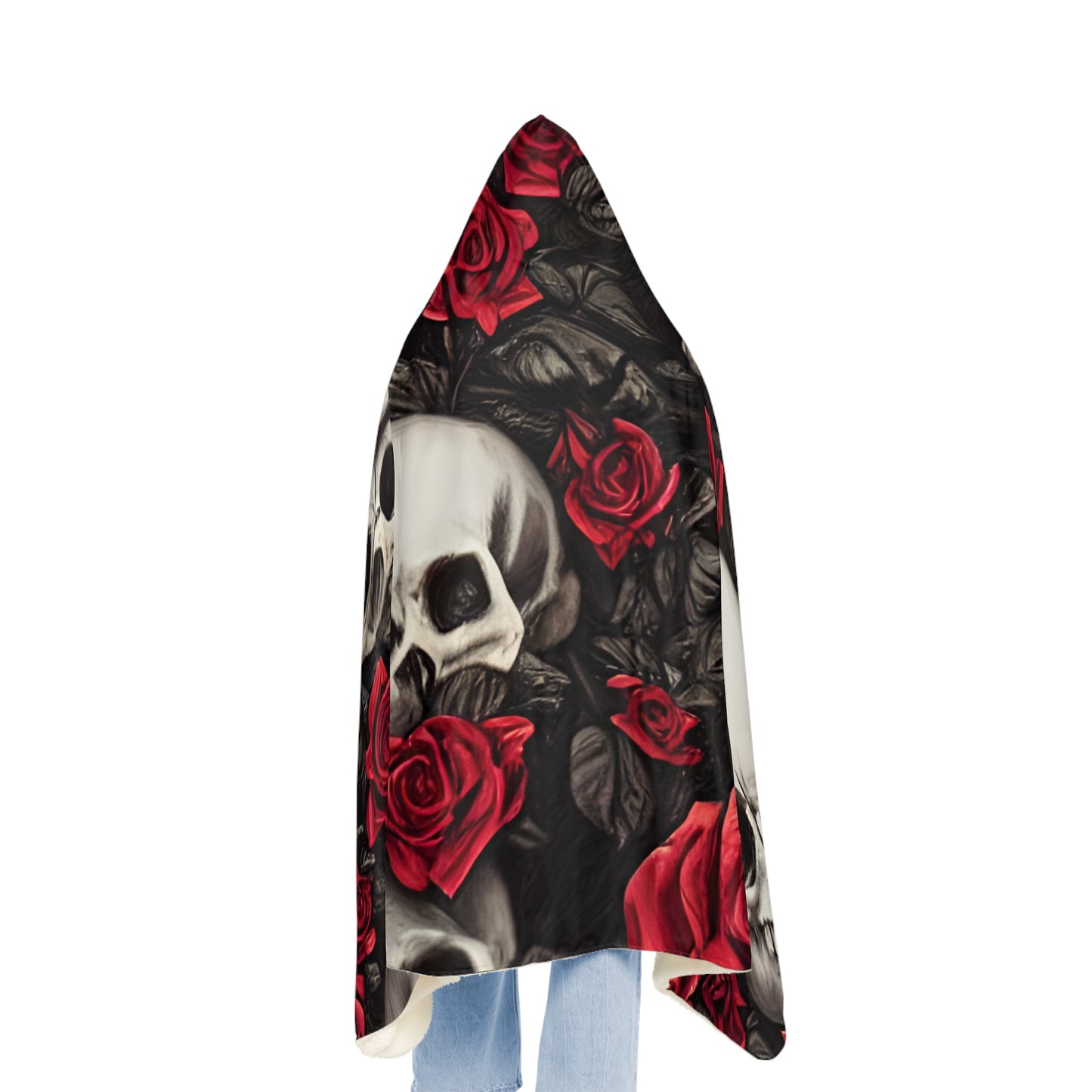 Artistry in Every Thread: AOP Snuggle Blanket with Hyper-Realistic Skulls and Red Roses by Anne-Laure Goupil