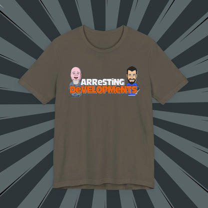 Arresting Developments Illustrated Tee – True Crime Podcast Shirt Featuring Mike Willever & Producer Joe