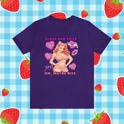 Sarcastic Elegance: Vintage Pink Pinup Girl "Sugar and Spice" on a Bella+Canva 3001 Unisex Jersey T-Shirt - A Must-Have Gift for her