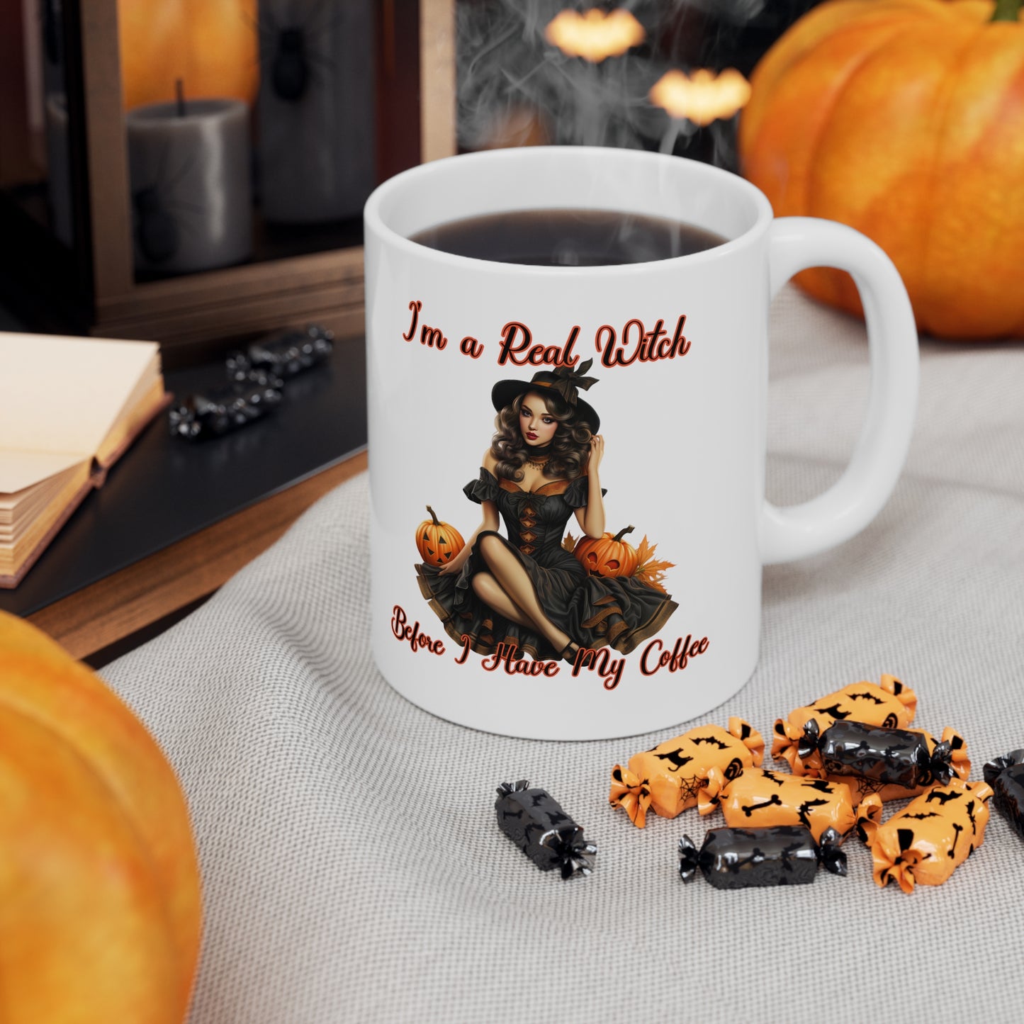 Vintage Pinup Witch: Sip Your Spells in Style "I'm a real Witch before I have my coffee" Halloween Ceramic 11oz Mug Gifts for her