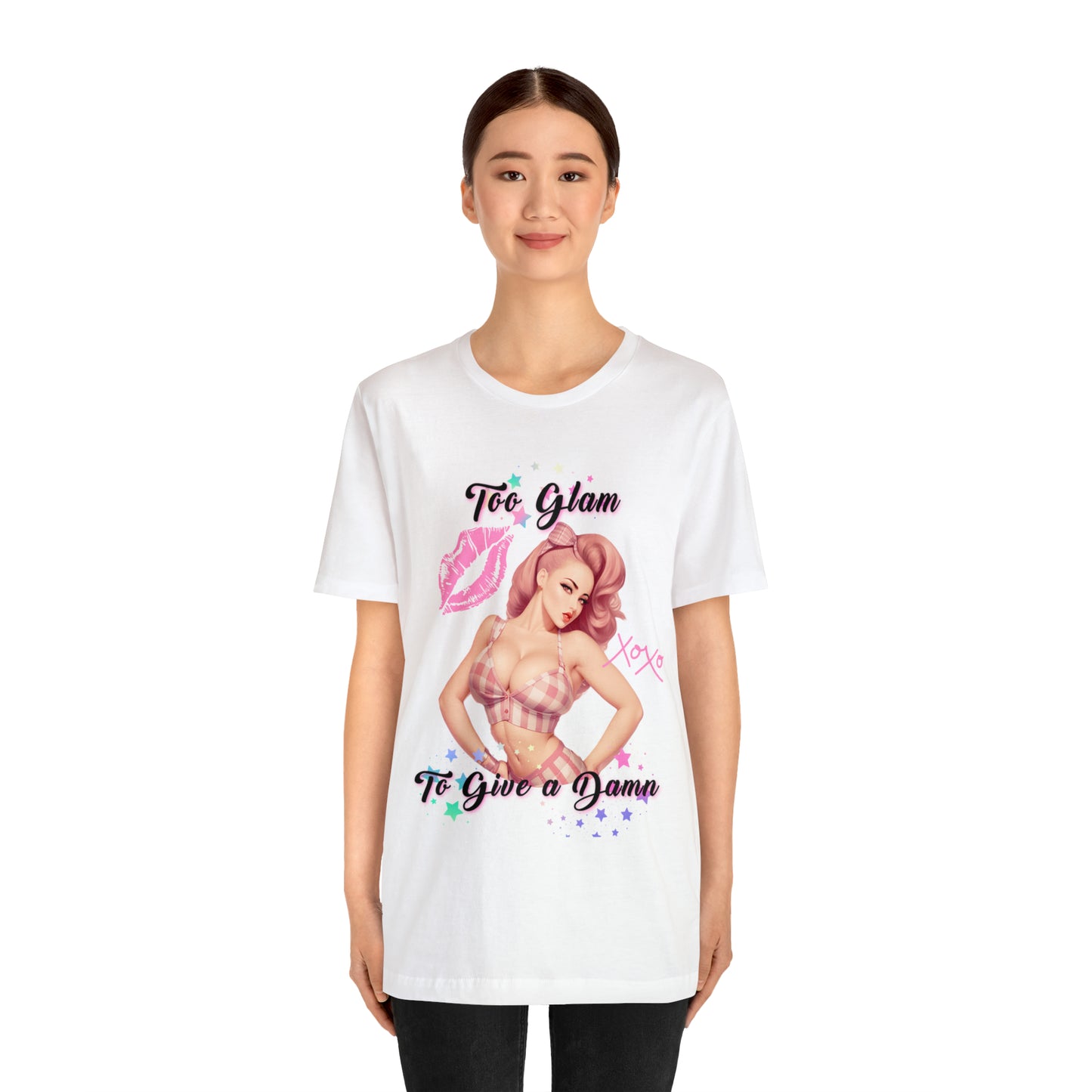 Vintage Pink Pinup Girl "Too Glam To Give a D*mn" on a Bella+Canva 3001 Unisex Jersey T-Shirt - A Must-Have Gift for her