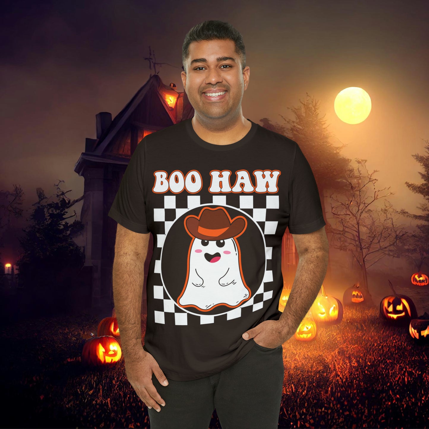 Cute Cowboy Ghost Saying Boo Haw Retro Groovy Western Halloween Unisex Jersey Short Sleeve Tee Gifts for Him Gifts For Her