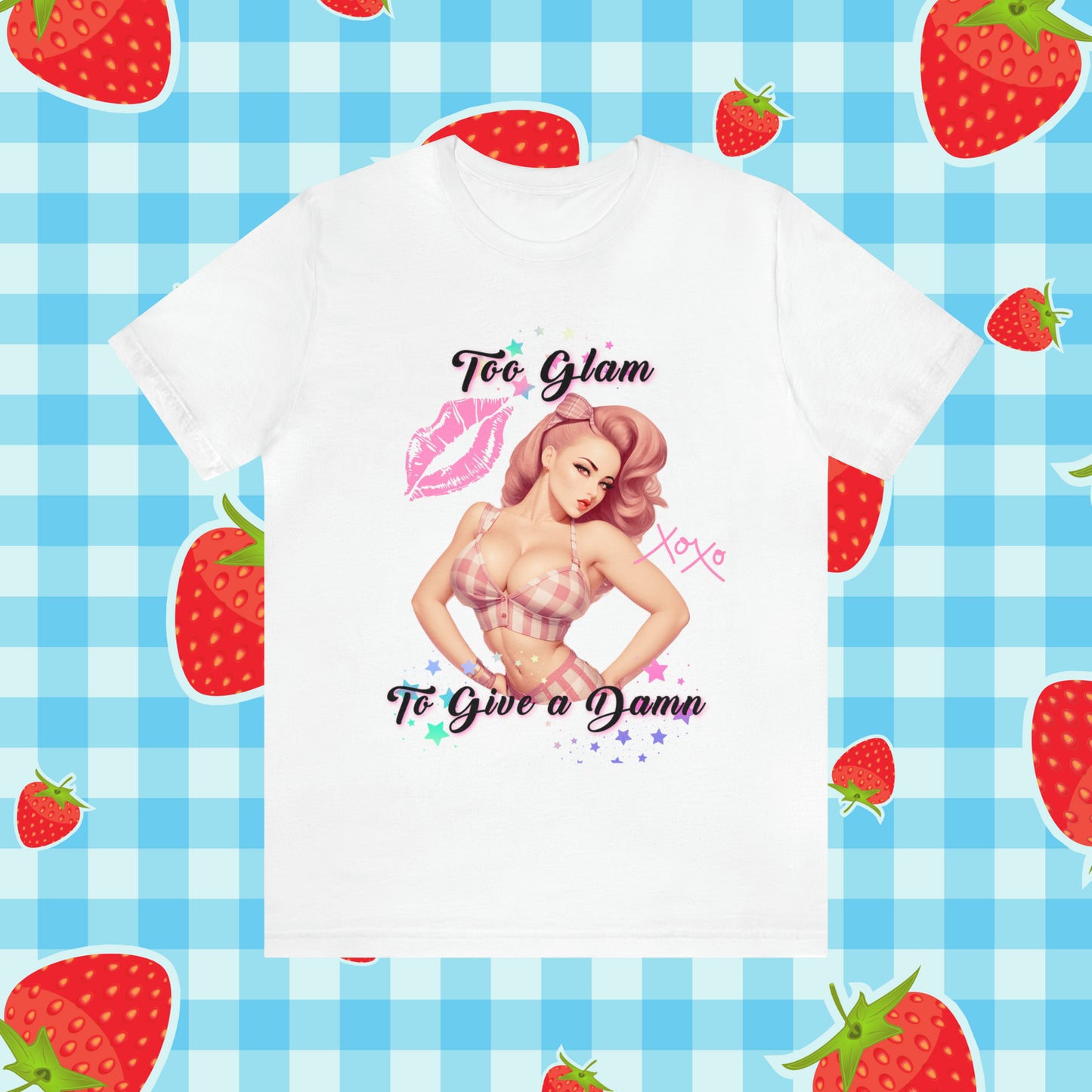 Vintage Pink Pinup Girl "Too Glam To Give a D*mn" on a Bella+Canva 3001 Unisex Jersey T-Shirt - A Must-Have Gift for her