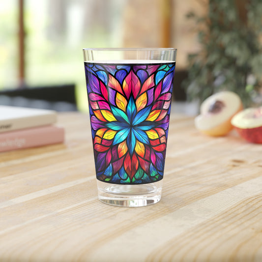 Blooming Beauty: A Rainbow-Colored Flower Stained Glass Masterpiece 16oz Pint Glass Gift idea gifts for home decor housewarming gift