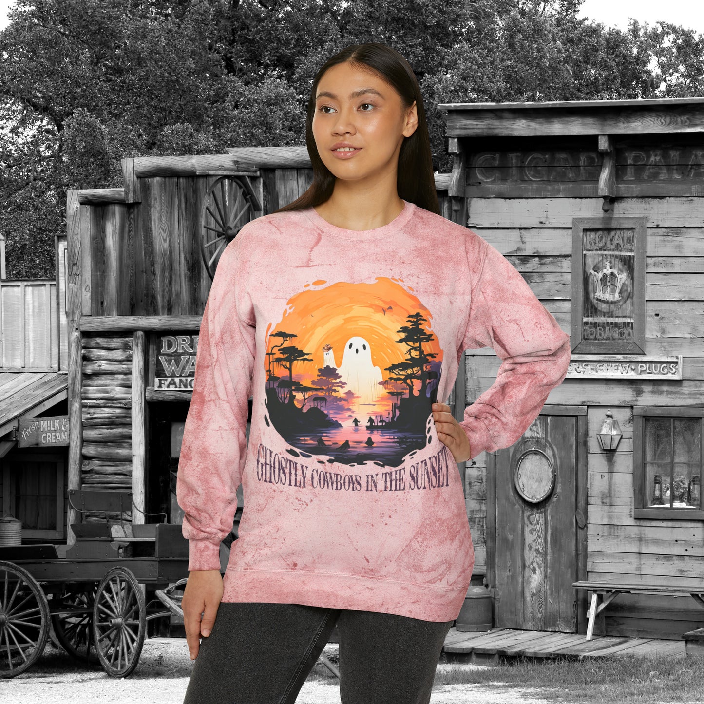 Ghostly Cowboys In the Sunset Western Halloween Unisex Color Blast Crewneck Sweatshirt Gifts for Her Gifts for Him