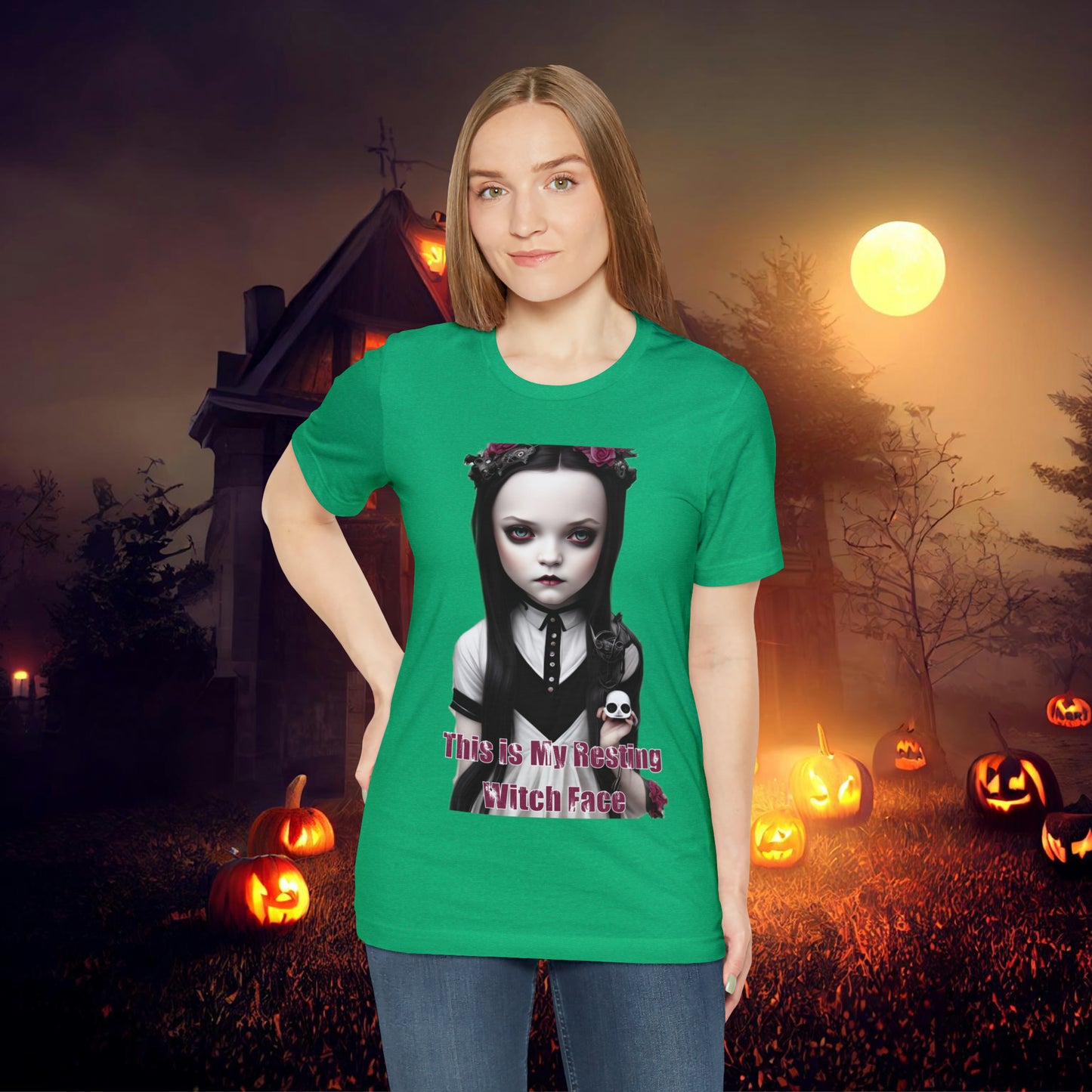 Wednesday Addams Chibi by Charlie Bowater This Is my Resting Witch Face Halloween Unisex Jersey Short Sleeve Tee