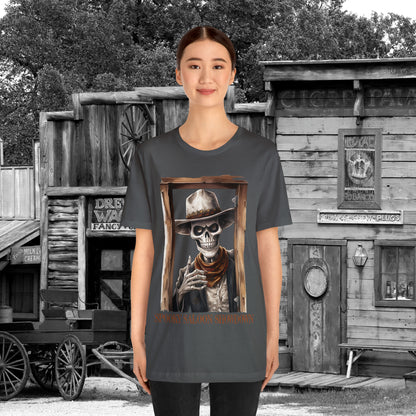 Spooky Saloon Showdown Gunslinging Skeleton Cowboy Halloween Unisex Jersey Short Sleeve Tee