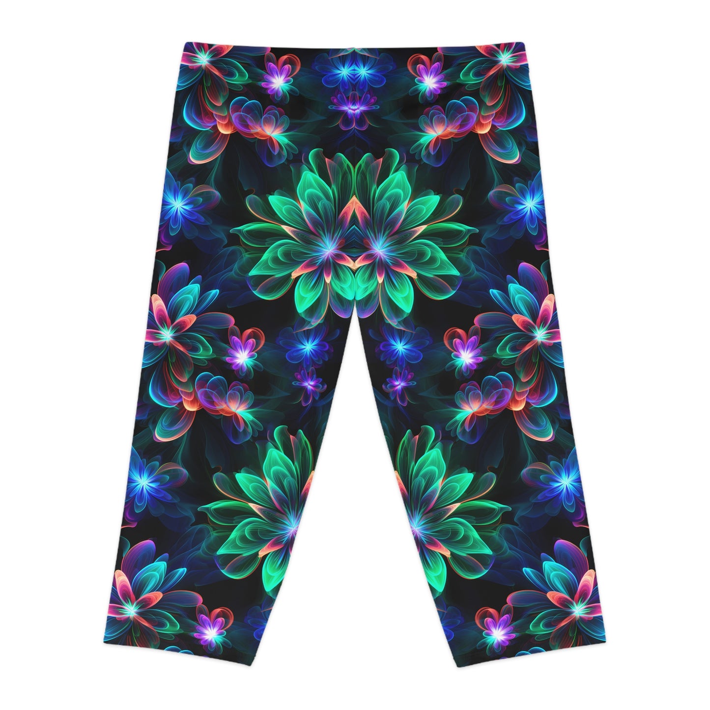 Women's Capri Leggings with Green Neon Flower Pattern - AOP Fitness & Yoga Leggings