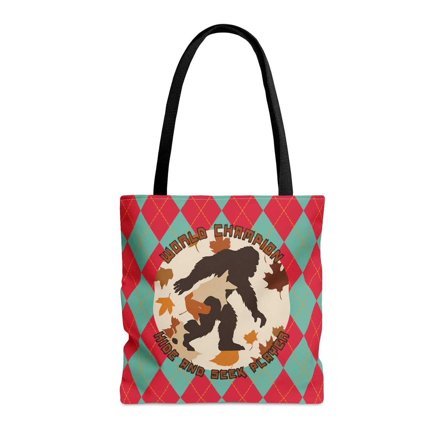 Bigfoot in Fall Leaves Plaid Tote Bag (AOP) - World Champion Hide and Seek Player