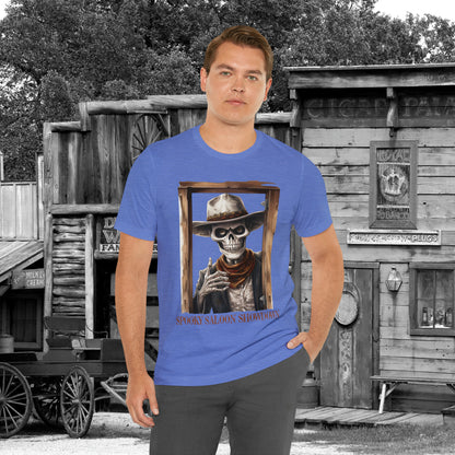 Spooky Saloon Showdown Gunslinging Skeleton Cowboy Halloween Unisex Jersey Short Sleeve Tee