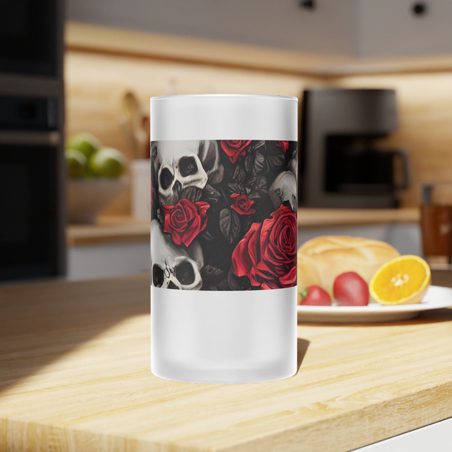 Hyper Realistic Skulls and Red Roses by artist Anne-Laure Goupil Frosted Glass Beer Mug