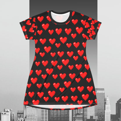 8-bit Heart in Black T-Shirt Dress (AOP)