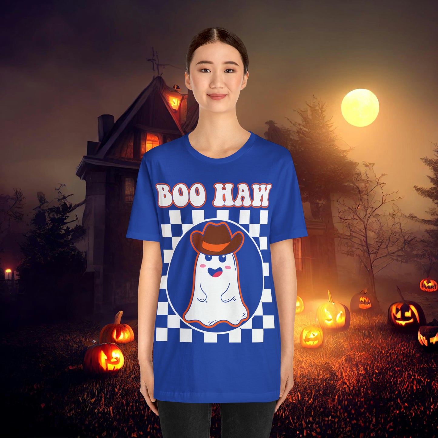 Cute Cowboy Ghost Saying Boo Haw Retro Groovy Western Halloween Unisex Jersey Short Sleeve Tee Gifts for Him Gifts For Her