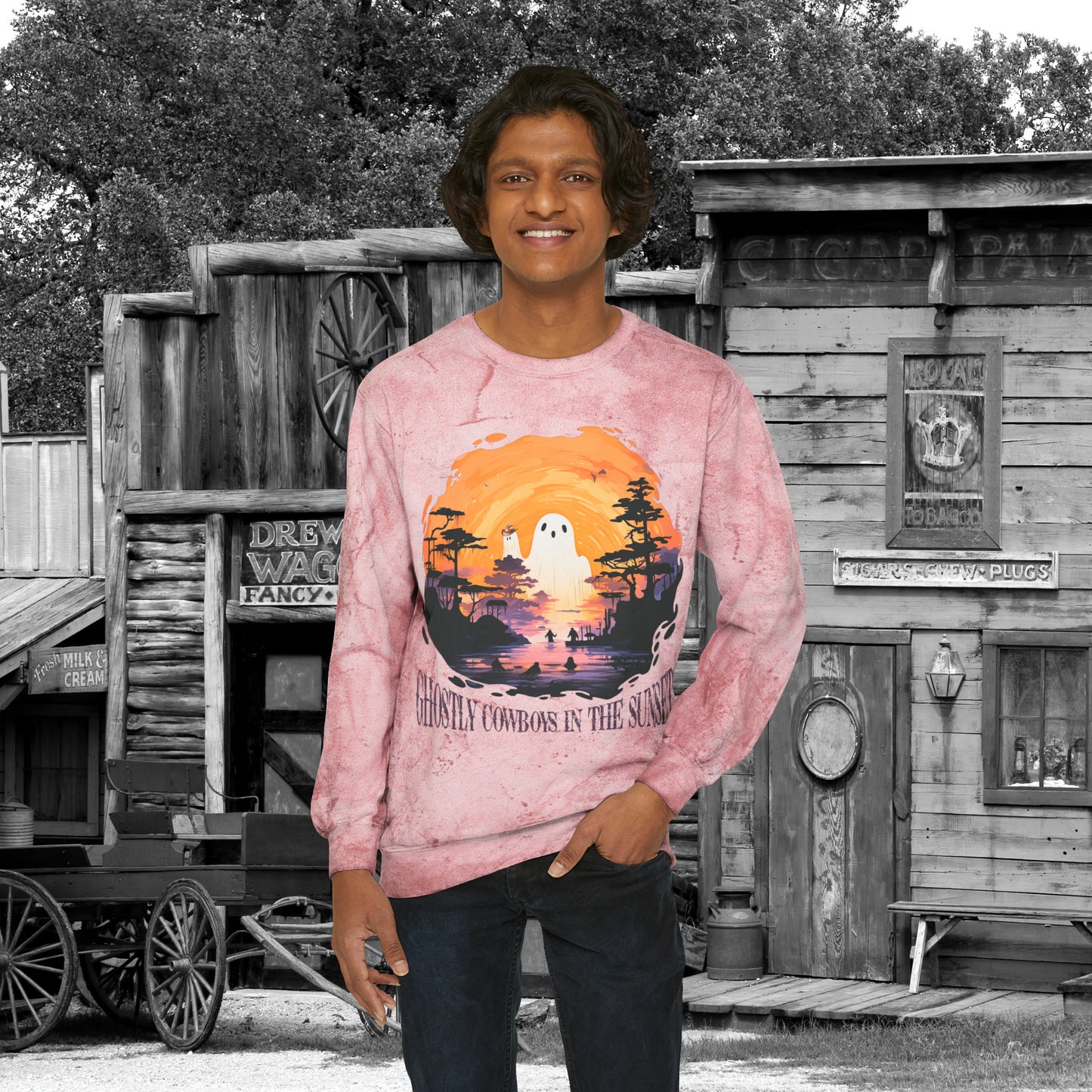 Ghostly Cowboys In the Sunset Western Halloween Unisex Color Blast Crewneck Sweatshirt Gifts for Her Gifts for Him