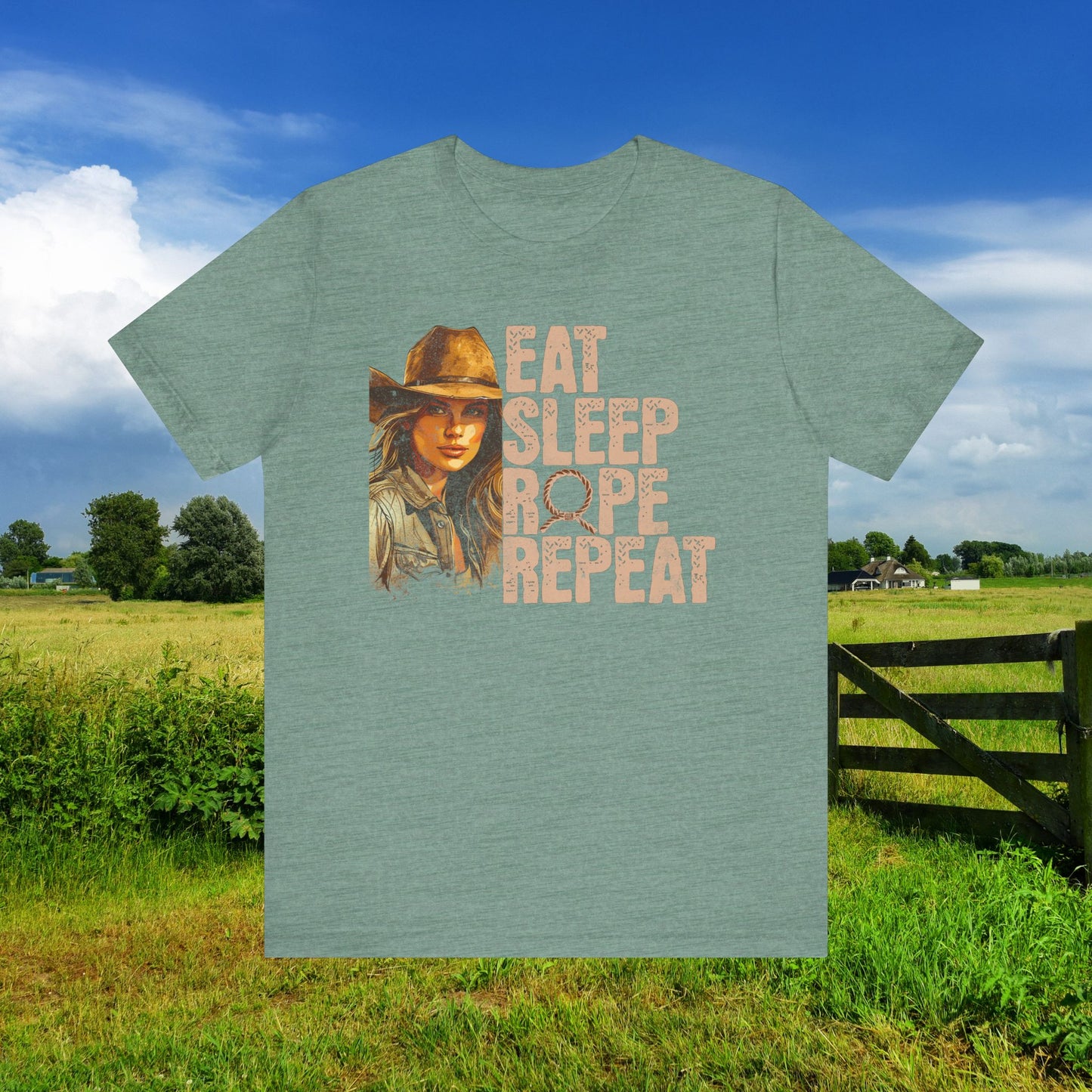 Rustic Cowgirl Tee - Eat Sleep Rope Repeat - Perfect for Country Lovers, Gift for Horse Riders, Western Style Shirt, Casual Wear, Farm [...]