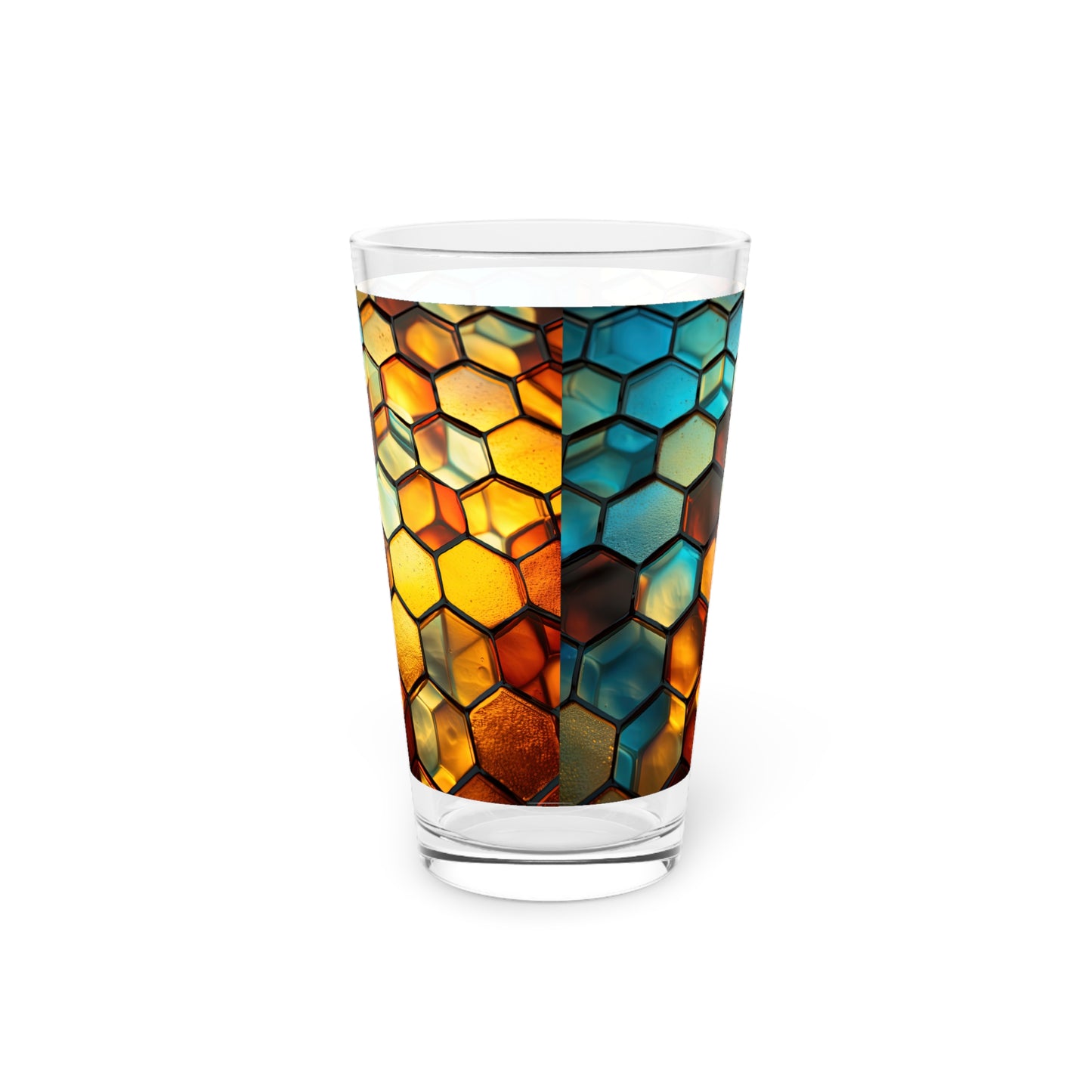 "Buzzing Beauty: A Blue and Yellow Honeycomb Stained Glass Artwork on a 16oz Pint Glass Gift idea gifts for home decor housewarming gift