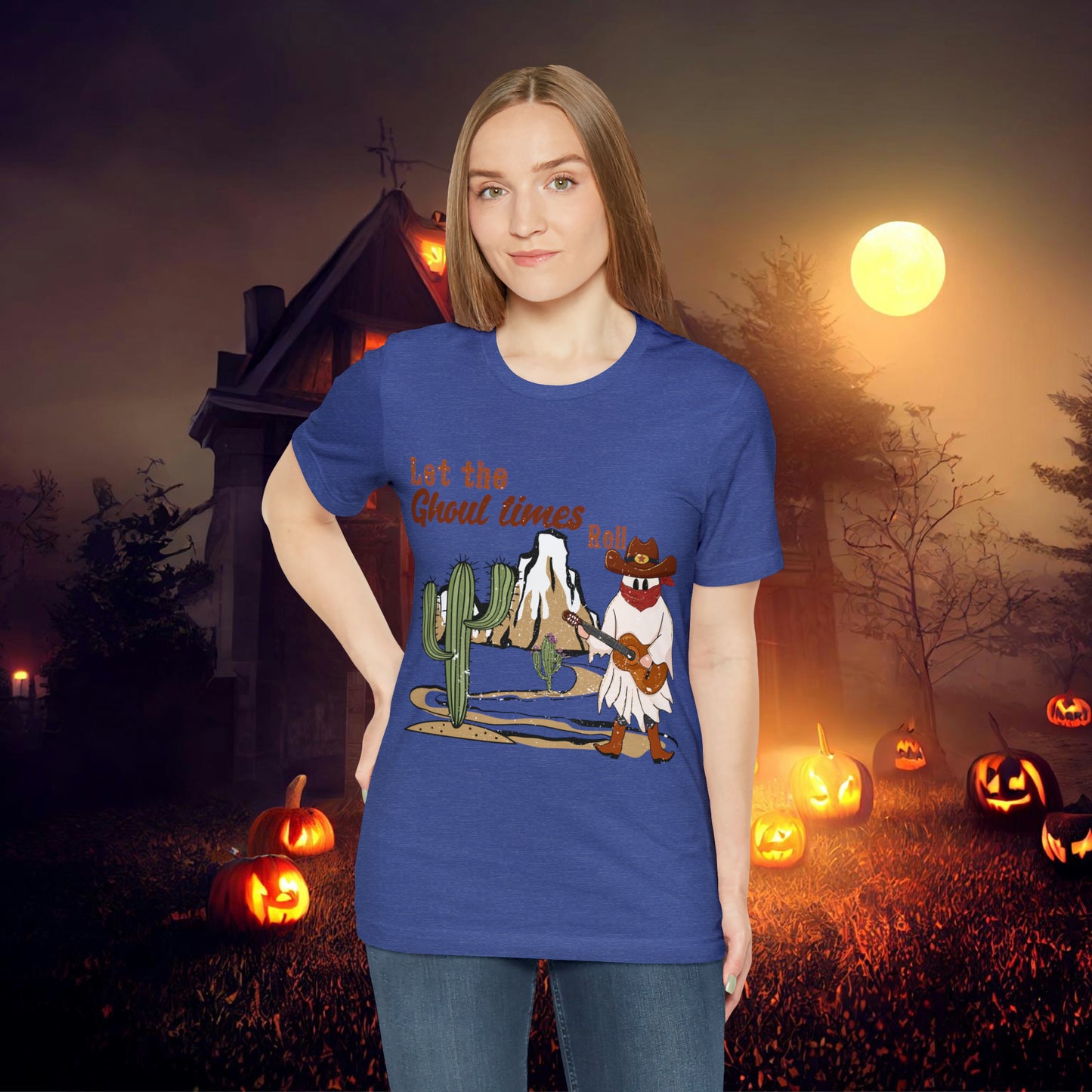 Cowboy Ghost playing the Guitar singing Let the Ghoul times roll Halloween Unisex Jersey Short Sleeve Tee Gifts for him Gifts for Her