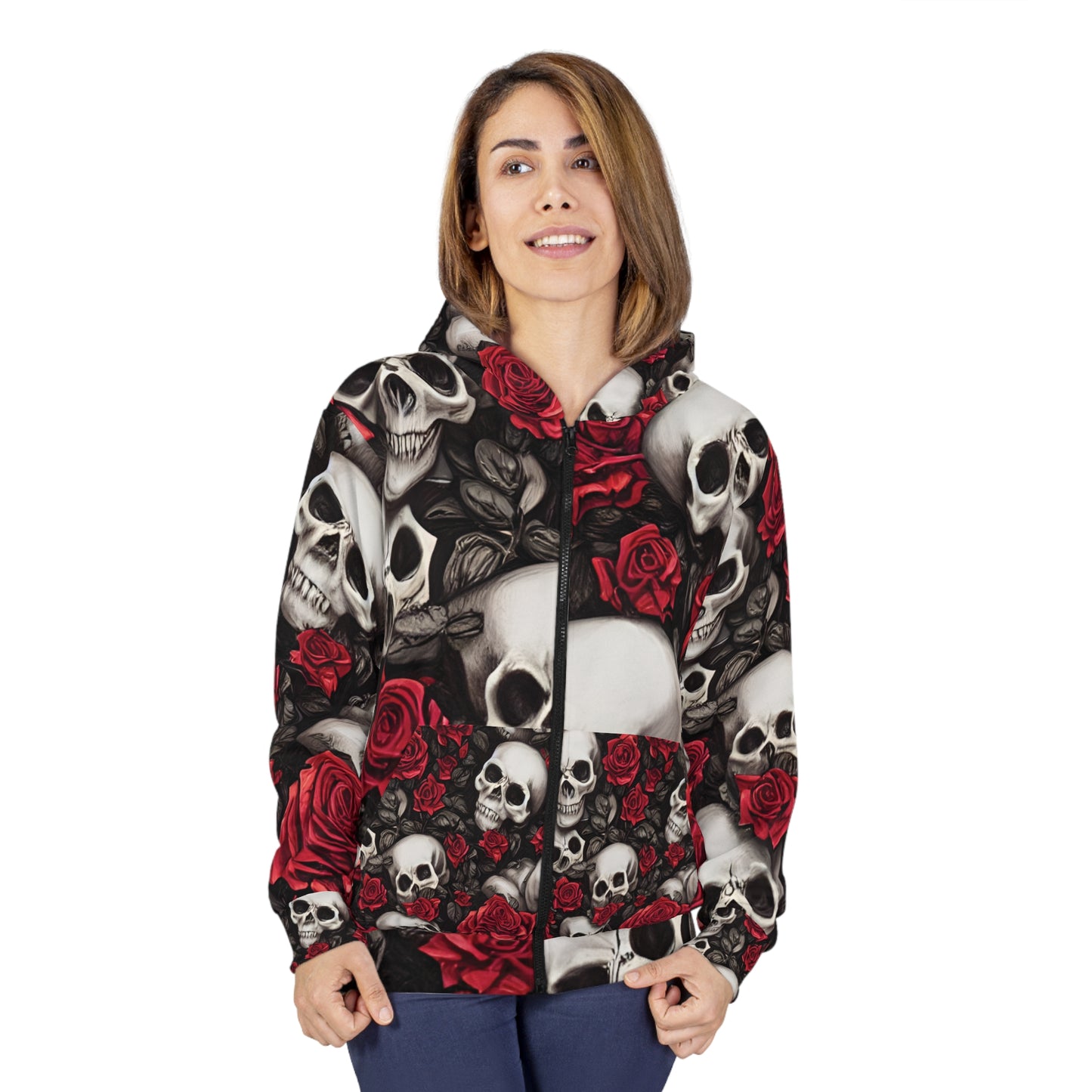 Skulls with Red Roses Hyper Realistic by French Artist Anne-Laure Goupil Unisex Zip Hoodie (AOP)