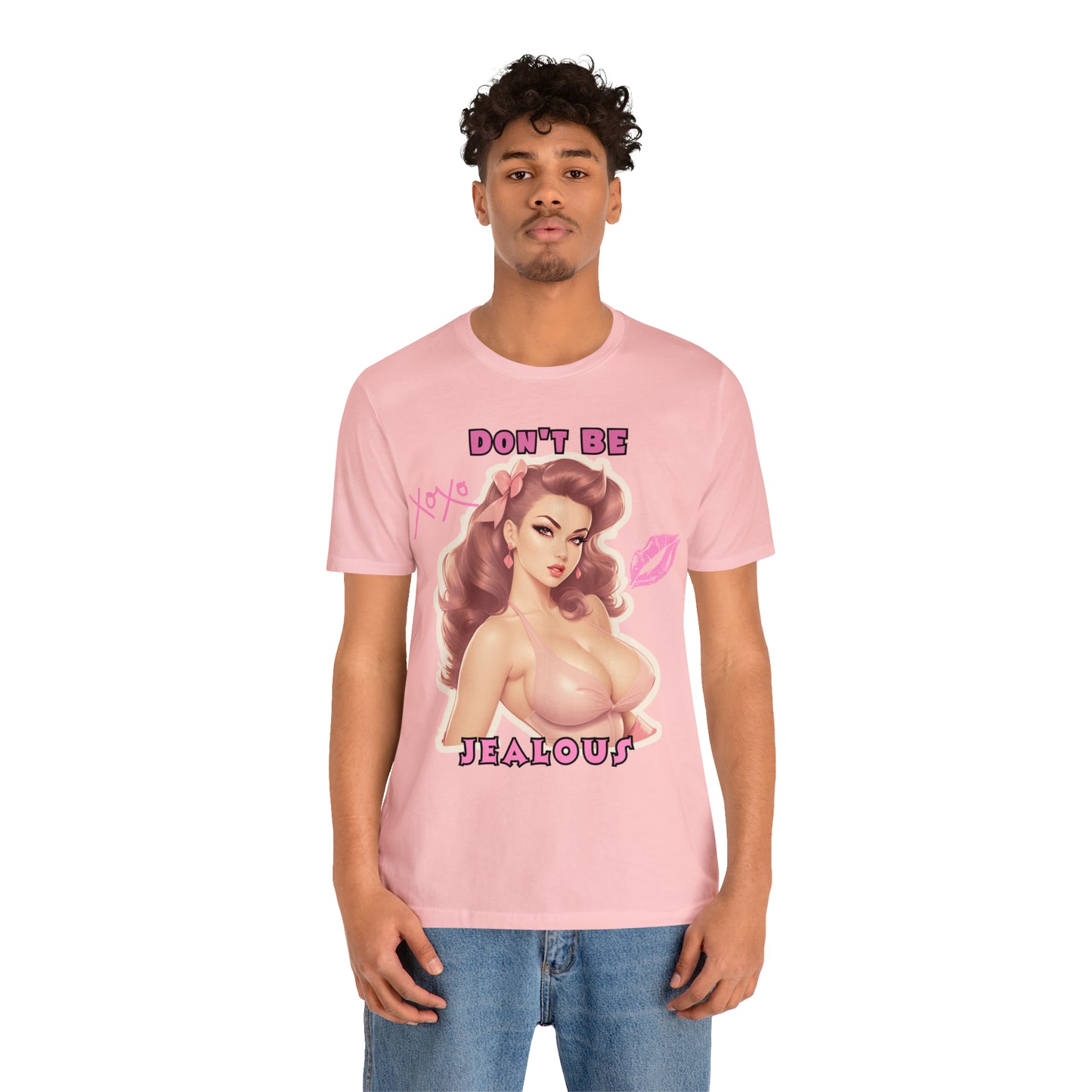 Timeless Elegance: Vintage Pink Pinup Girl "Don't Be Jealous" on a Bella+Canva 3001 Unisex Jersey T-Shirt - A Must-Have Gift for her