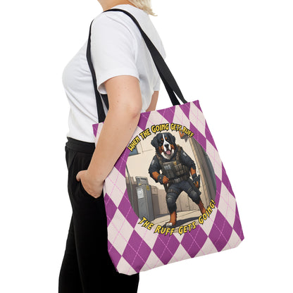 Bernese Mountain Dog Tote Bag | AOP Purple Rhombus Pattern | 'When the Going Gets Ruff, the Ruff Get Going' SWAT Gear Dog Art