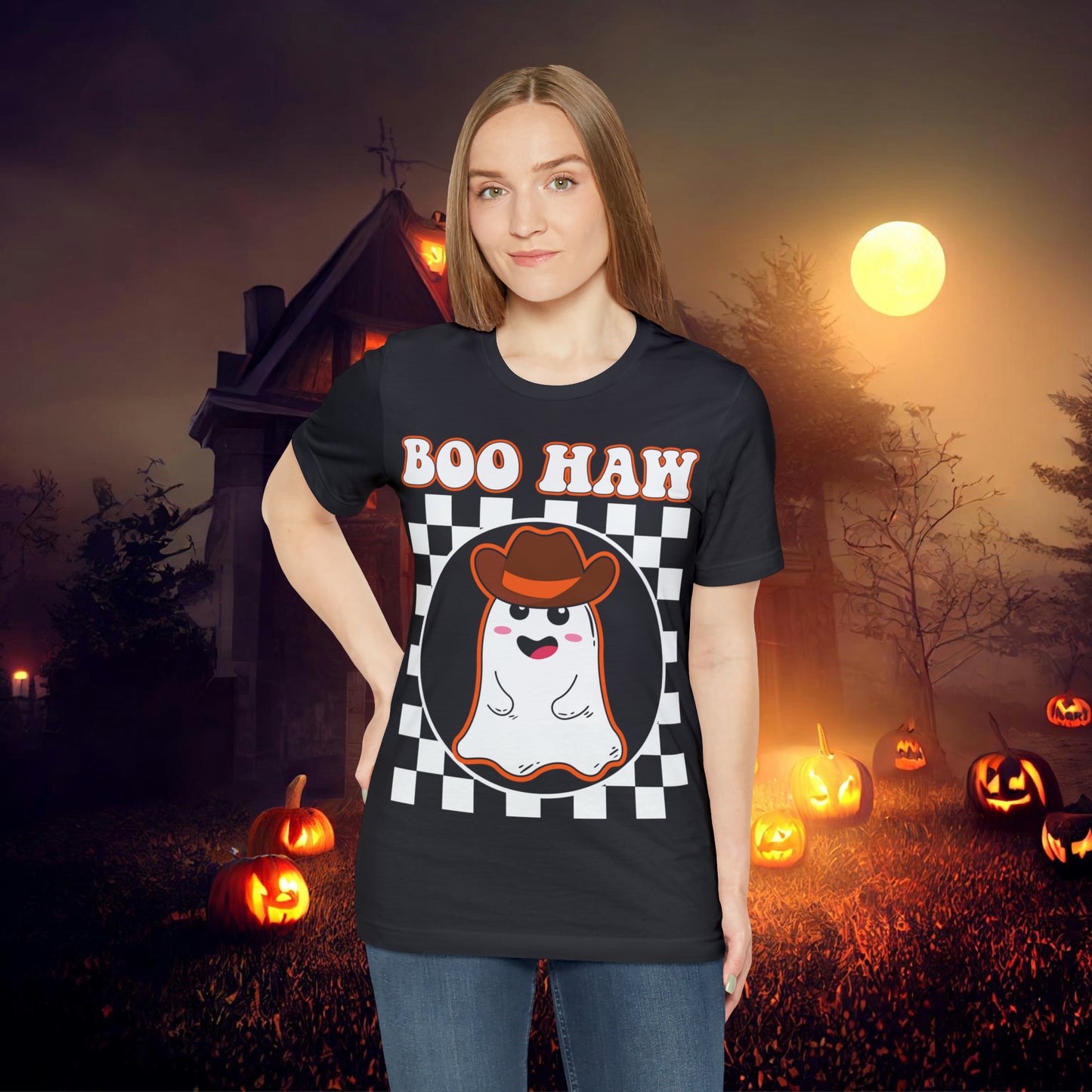 Cute Cowboy Ghost Saying Boo Haw Retro Groovy Western Halloween Unisex Jersey Short Sleeve Tee Gifts for Him Gifts For Her