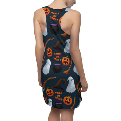 Halloween Trick or Treat Ghosts Witch Hats Jack o Lanterns Women's Cut & Sew Racerback Dress (AOP)