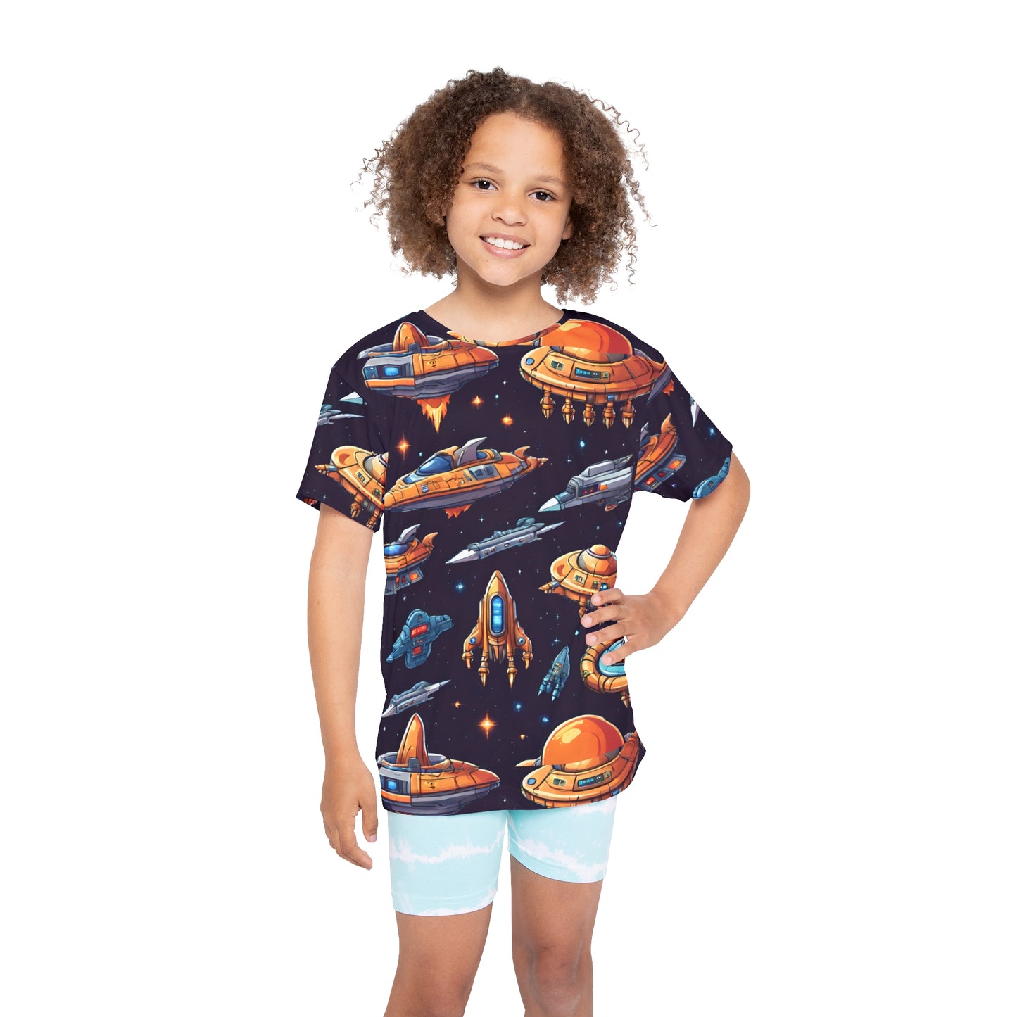 Launch into Playtime: All Over Print Kid Sport Jersey with Space Ships