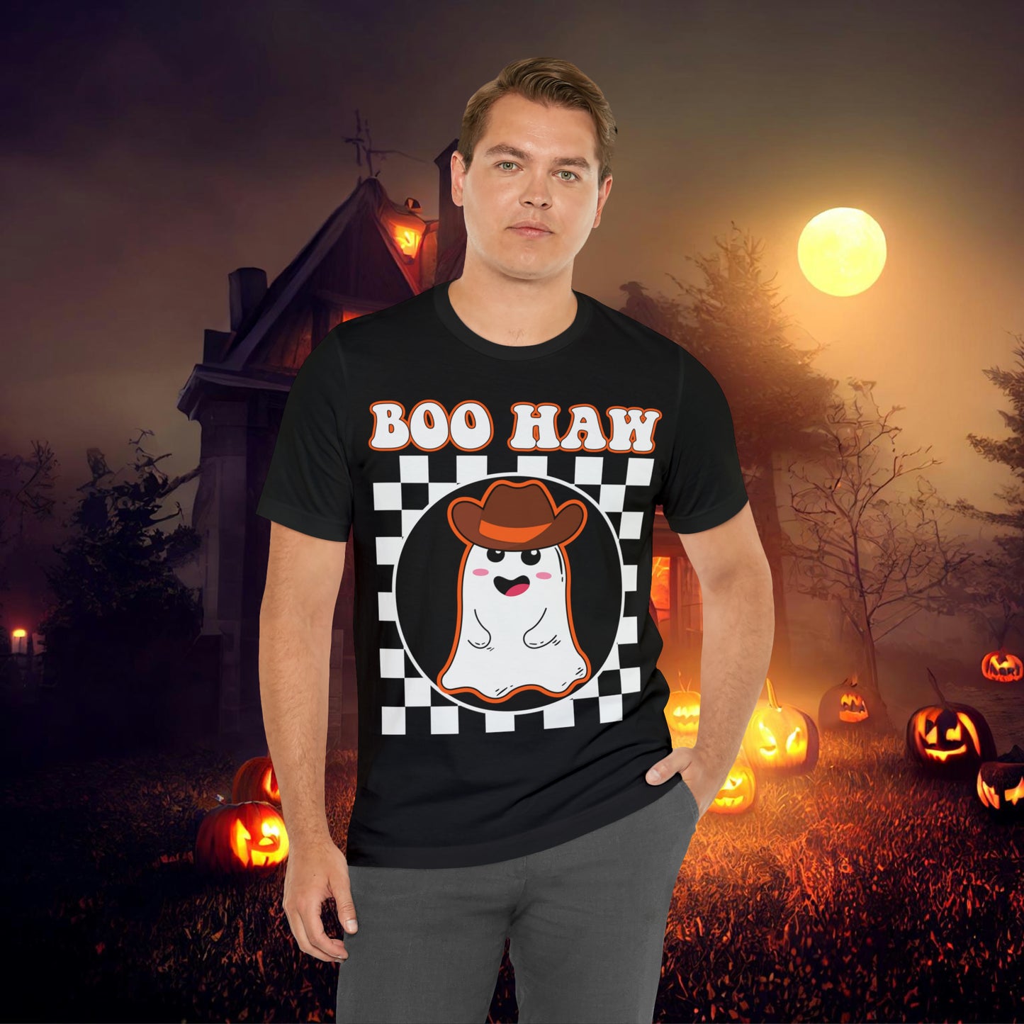 Cute Cowboy Ghost Saying Boo Haw Retro Groovy Western Halloween Unisex Jersey Short Sleeve Tee Gifts for Him Gifts For Her