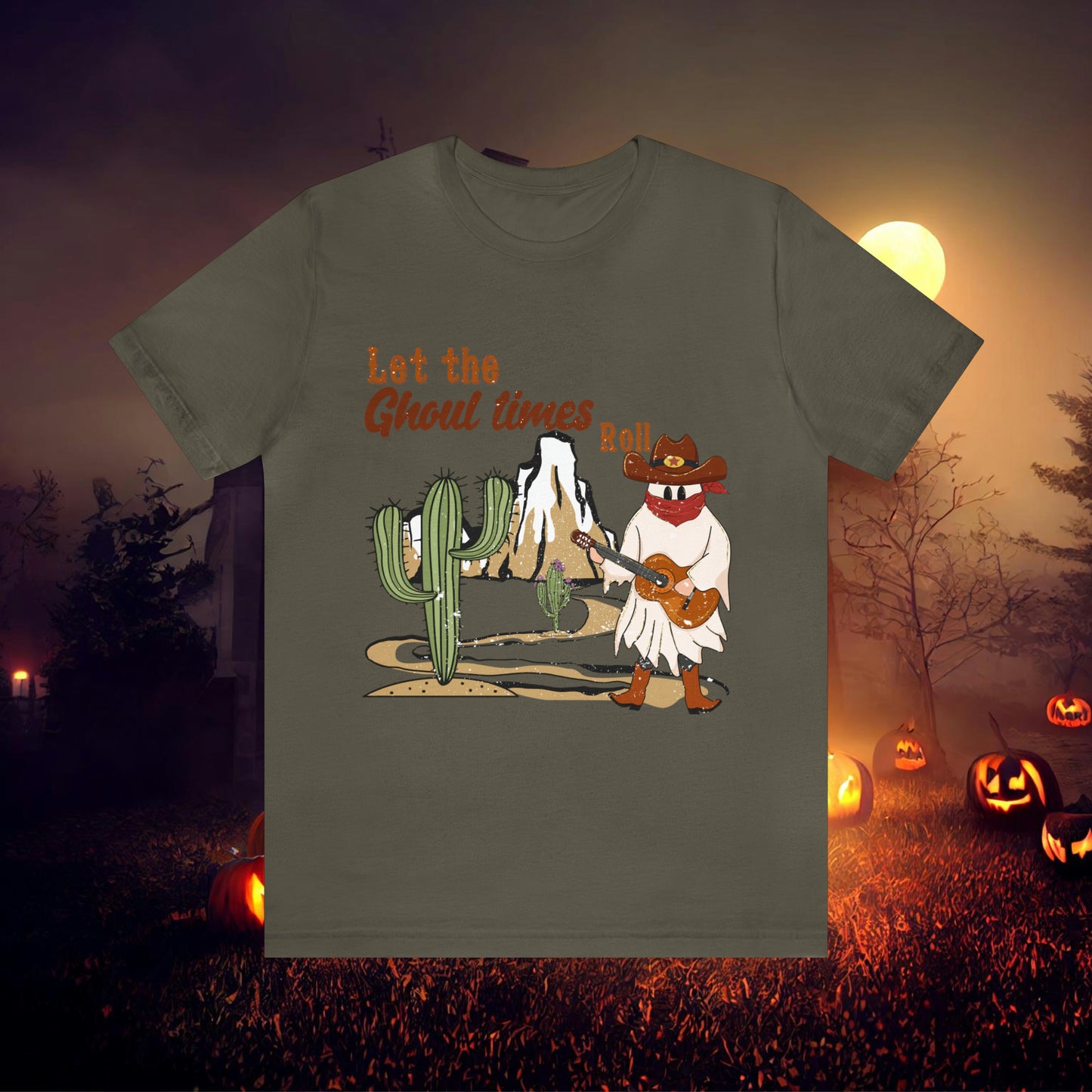 Cowboy Ghost playing the Guitar singing Let the Ghoul times roll Halloween Unisex Jersey Short Sleeve Tee Gifts for him Gifts for Her