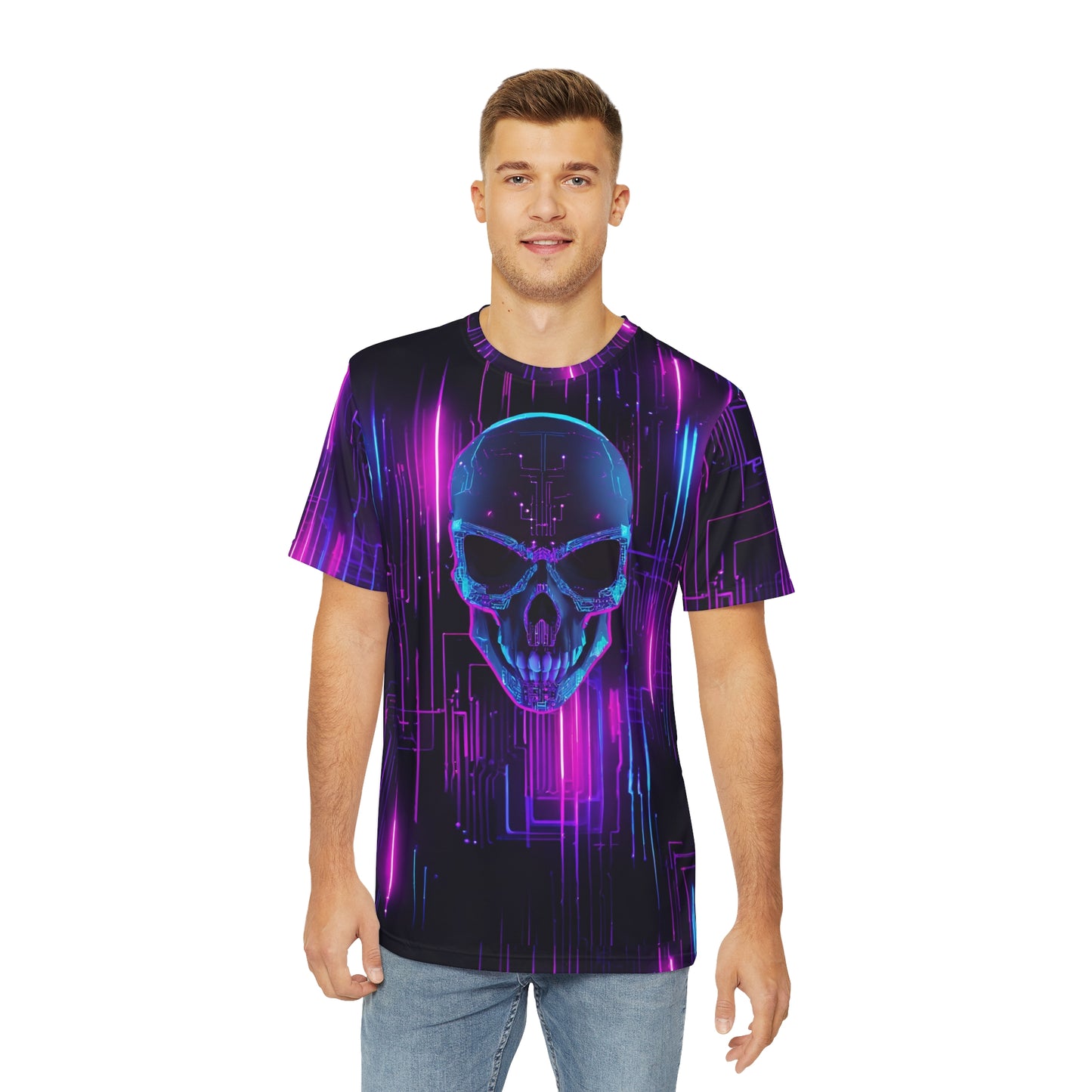 Men's Polyester Tee (AOP) - 3D Neon Cyborg Skull & Futuristic Lights Cyberpunk