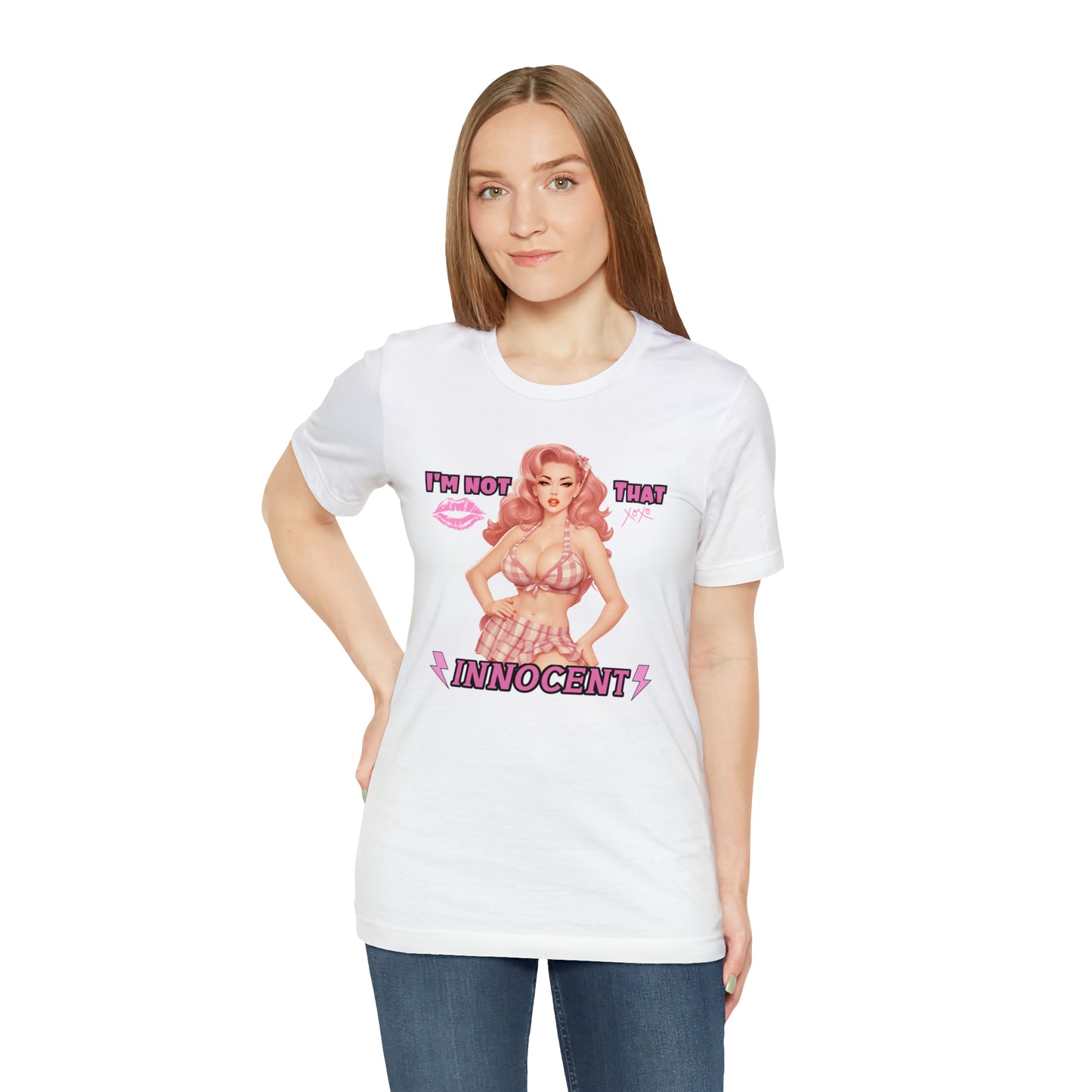 Timeless Elegance: Vintage Pink Pinup Girl "I'm not that Innocent on a Bella+Canva 3001 Unisex Jersey T-Shirt - A Must-Have Gift for her