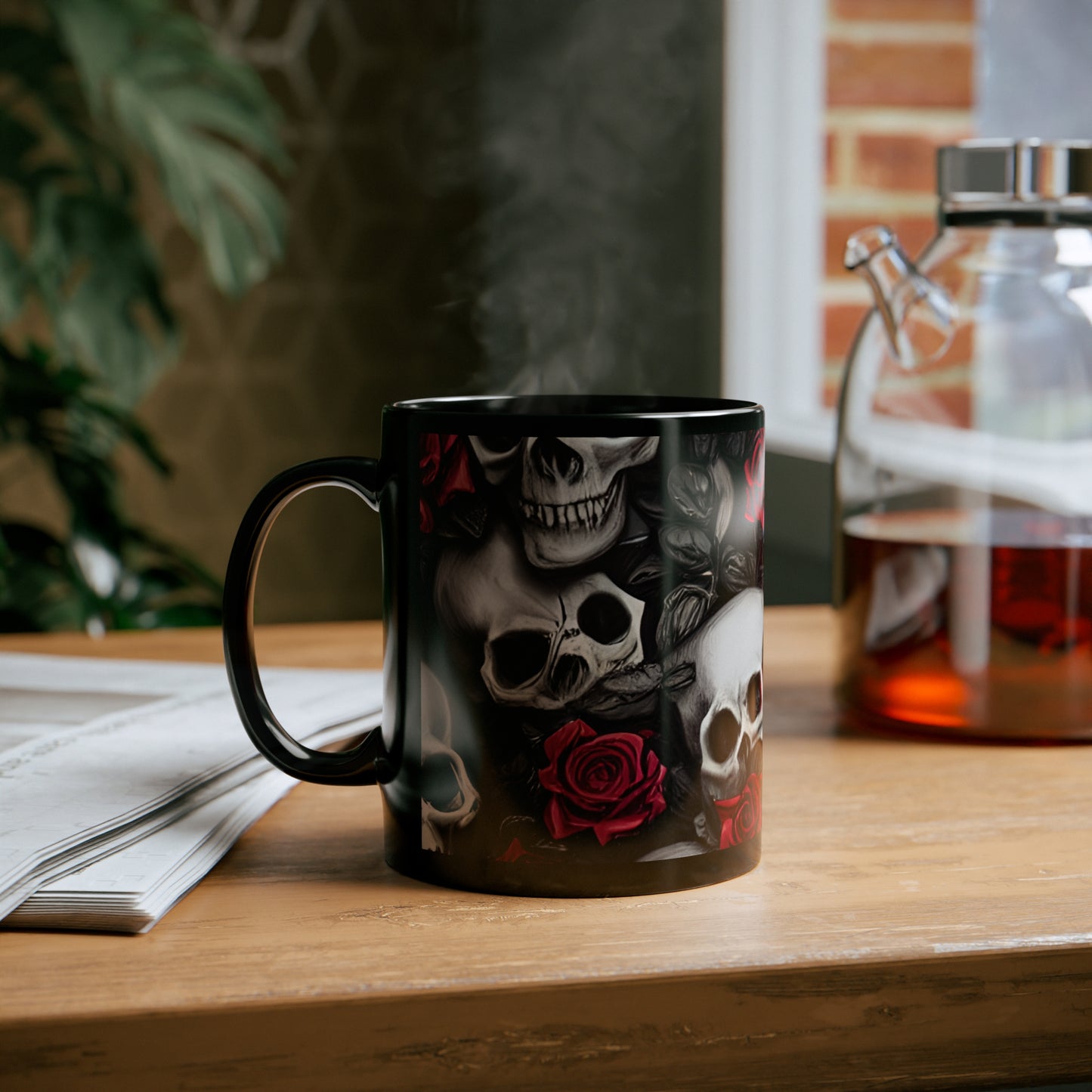 Hyper Realistic Skulls and Red Roses by artist Anne-Laure Goupil 11oz Black Mug