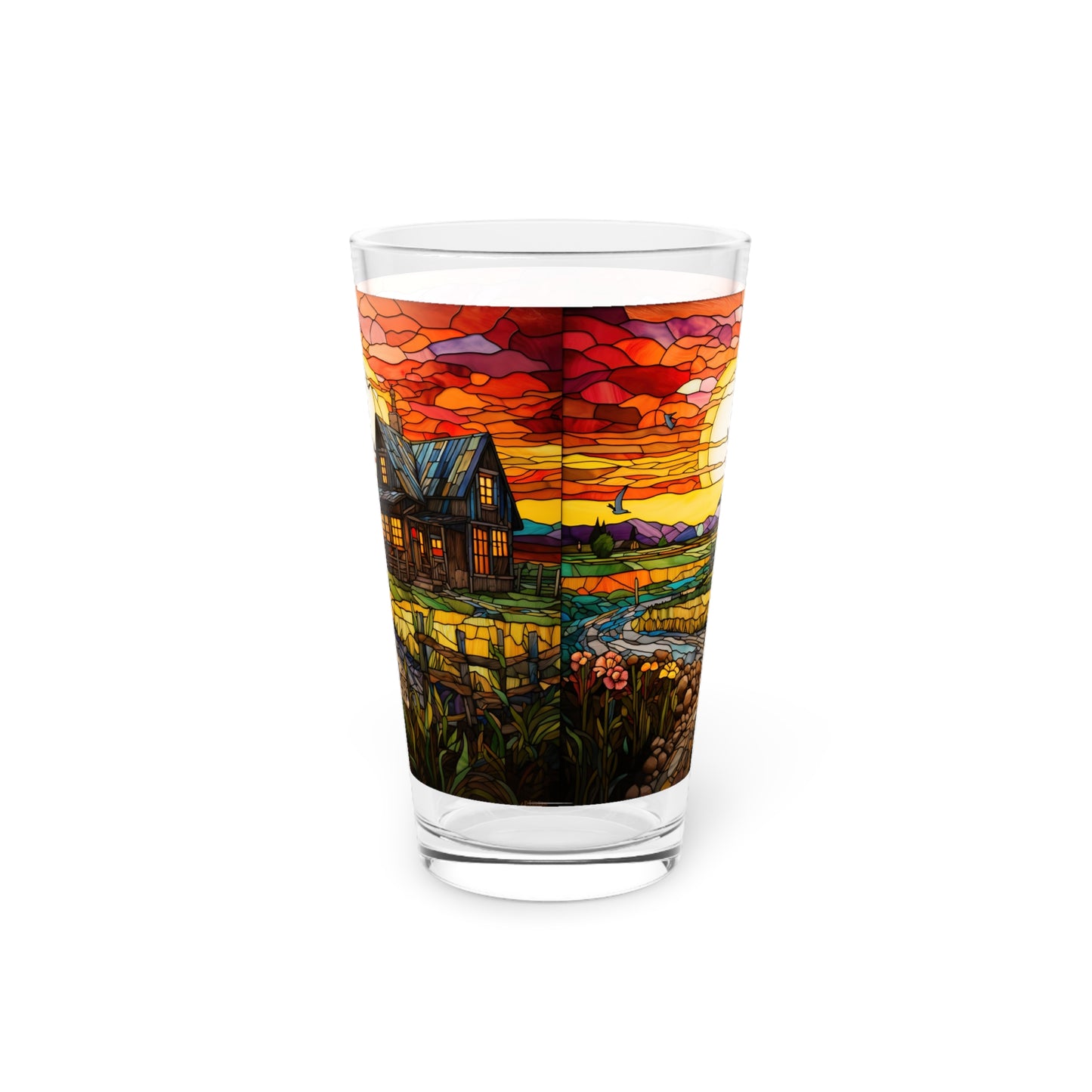 Rural Serenity: a charming farmhouse, near a cobblestone path 16oz Pint Glass Gift idea gifts for home decor housewarming gift