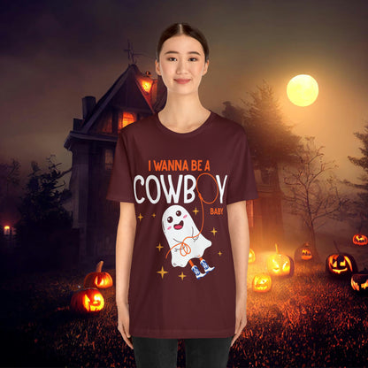 Little Ghost Saying I wanna be a cowboy baby Retro Groovy Western Halloween Unisex Jersey Short Sleeve Tee Gifts for Him Gifts for her.
