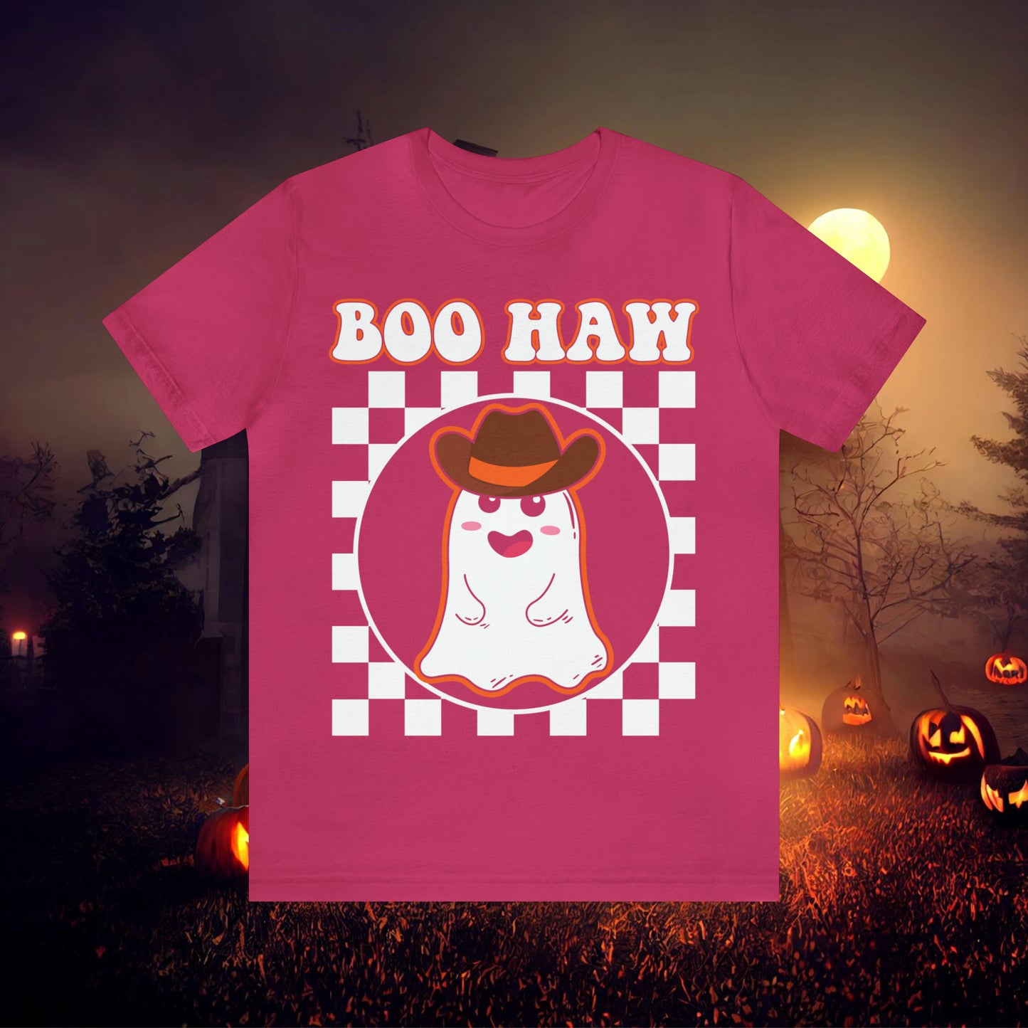 Cute Cowboy Ghost Saying Boo Haw Retro Groovy Western Halloween Unisex Jersey Short Sleeve Tee Gifts for Him Gifts For Her