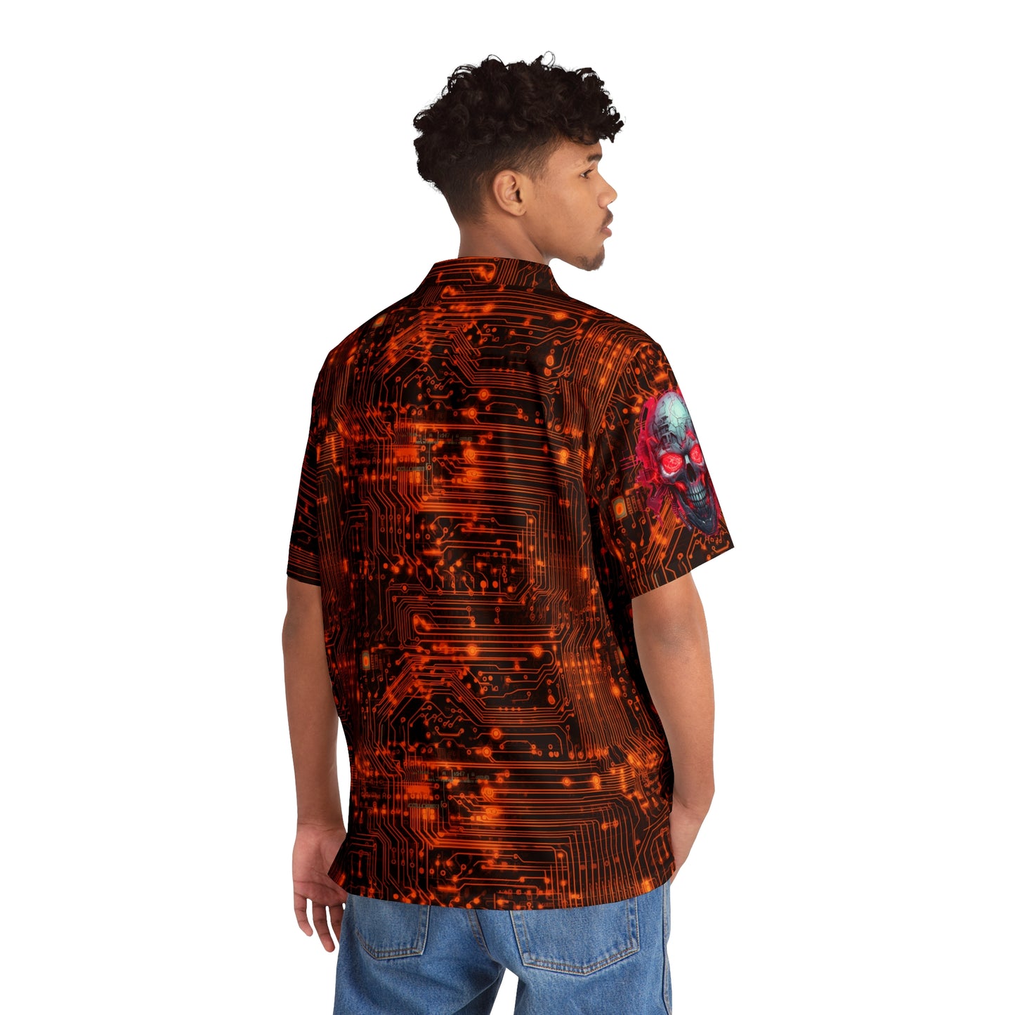 CyberPunk Cybernetic Skull breaking through a Orange Neon Circuit Board Men's Hawaiian Shirt (AOP)