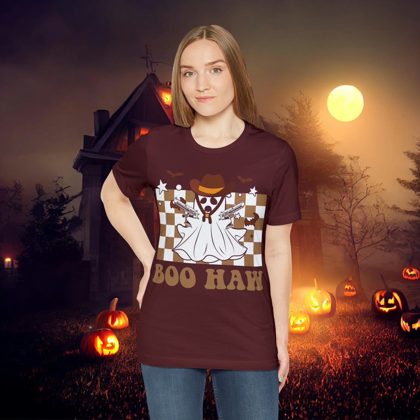 Cowboy Gunslinging Ghost saying Boo Haw Retro Western Halloween Unisex Jersey Short Sleeve Tee Gifts for Him Gifts for Her