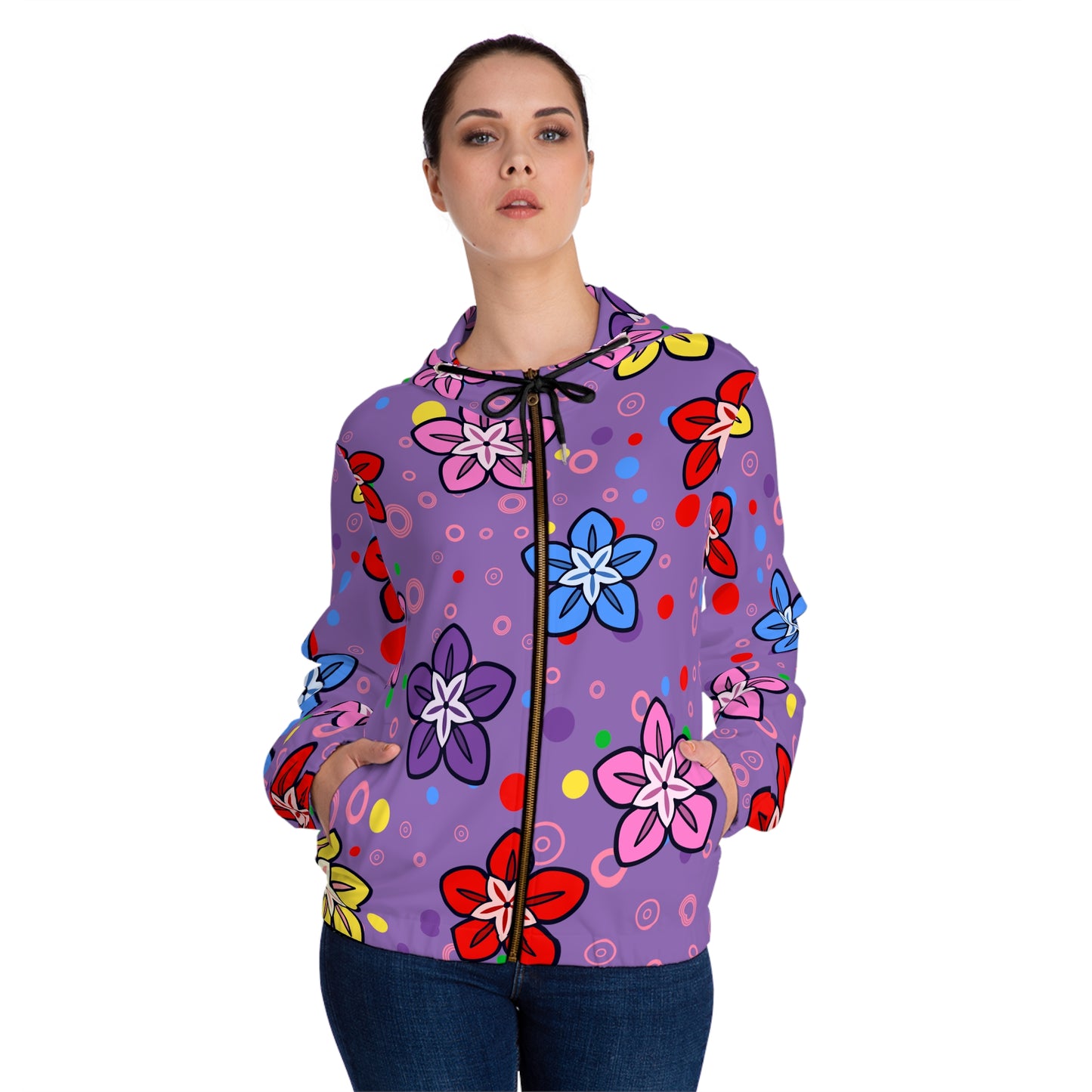 Good Times and Good Vibes Retro Colorful Flowers on a Purple background Womens Full-Zip Hoodie (AOP)