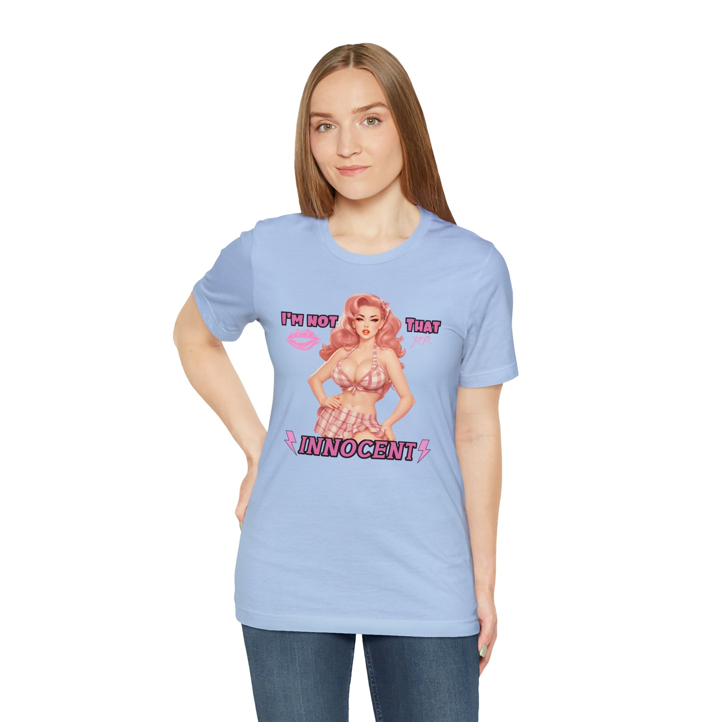 Timeless Elegance: Vintage Pink Pinup Girl "I'm not that Innocent on a Bella+Canva 3001 Unisex Jersey T-Shirt - A Must-Have Gift for her