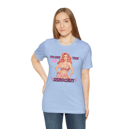 Timeless Elegance: Vintage Pink Pinup Girl "I'm not that Innocent on a Bella+Canva 3001 Unisex Jersey T-Shirt - A Must-Have Gift for her