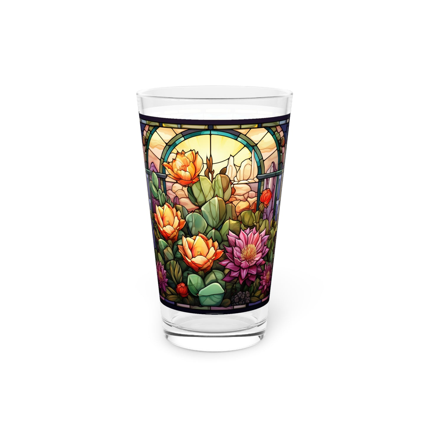 Desert Bloom: A Stained Glass Tribute to Cacti 16oz Pint Glass Gift idea gifts for home decor housewarming gift