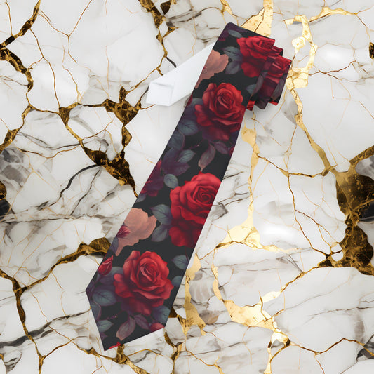 Red Rose Pattern Necktie — Elegant Floral Tie for Weddings & Romantic Occasions