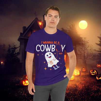 Little Ghost Saying I wanna be a cowboy baby Retro Groovy Western Halloween Unisex Jersey Short Sleeve Tee Gifts for Him Gifts for her.