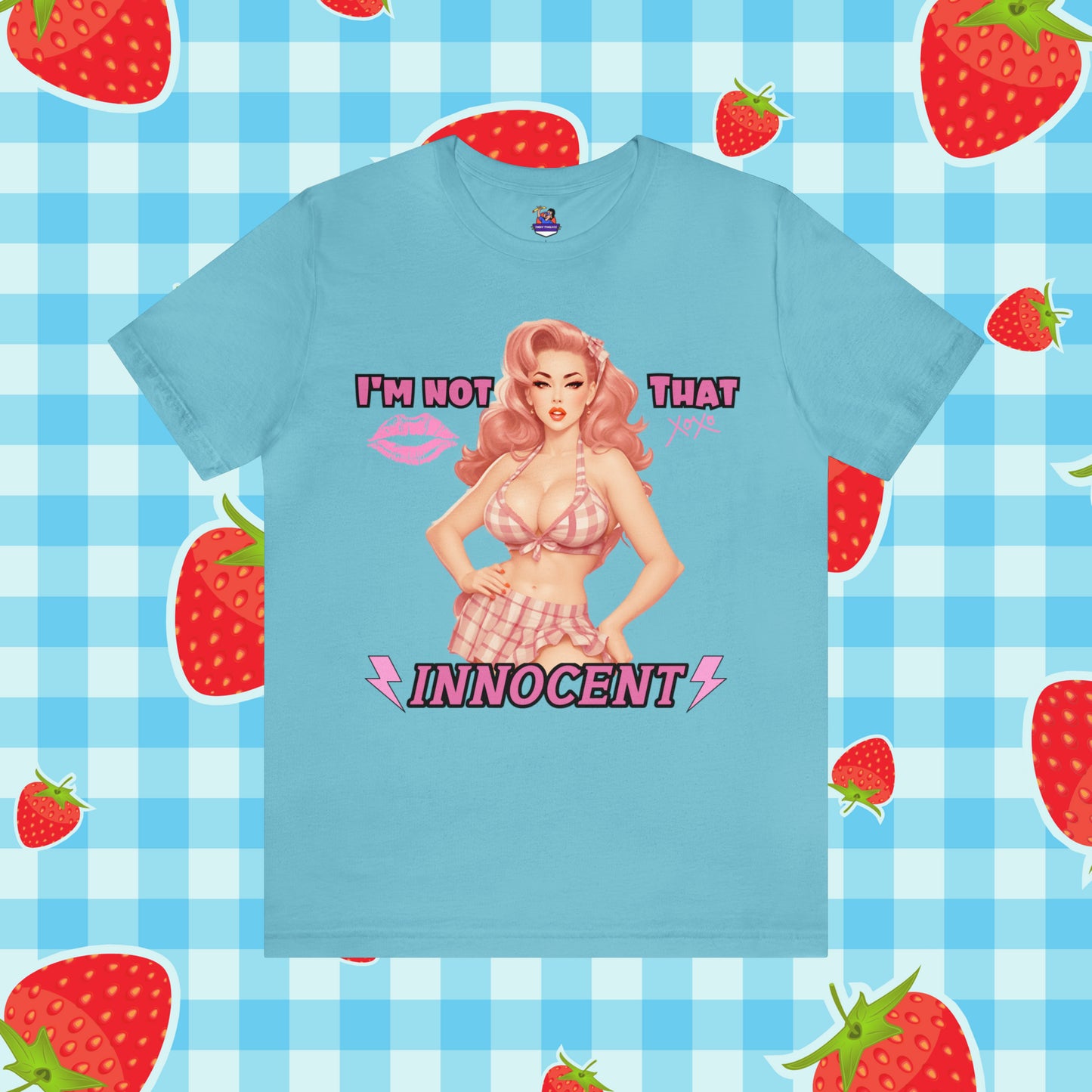 Sarcastic Vintage Pink Pinup Girl "I'm not That Innocent" on a Bella+Canva 3001 Unisex Jersey T-Shirt - A Must-Have Gift for her