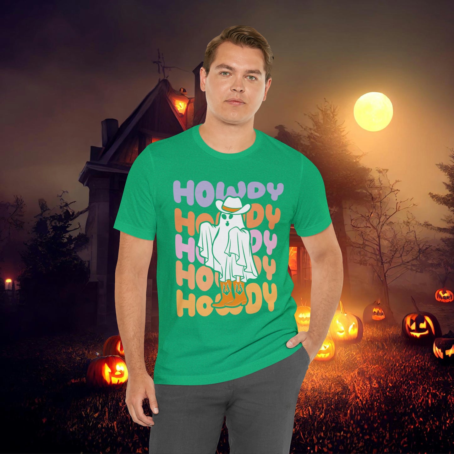 Cowboy Ghost Howdy Retro Halloween Unisex Jersey Short Sleeve Tee Gifts for Him Gifts For Her