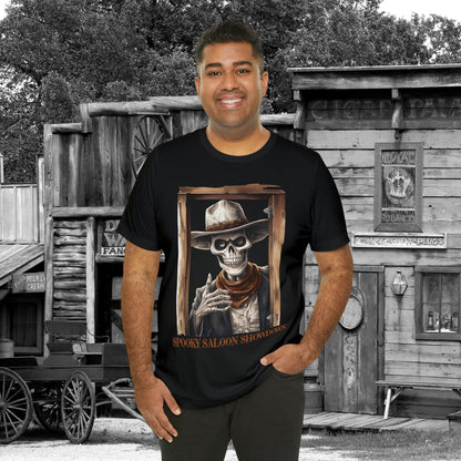 Spooky Saloon Showdown Gunslinging Skeleton Cowboy Halloween Unisex Jersey Short Sleeve Tee