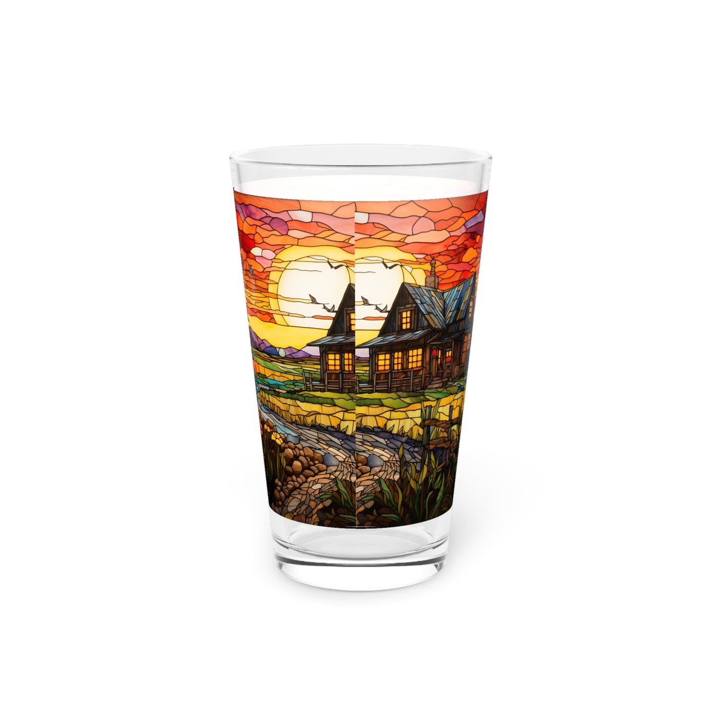 Rural Serenity: a charming farmhouse, near a cobblestone path 16oz Pint Glass Gift idea gifts for home decor housewarming gift