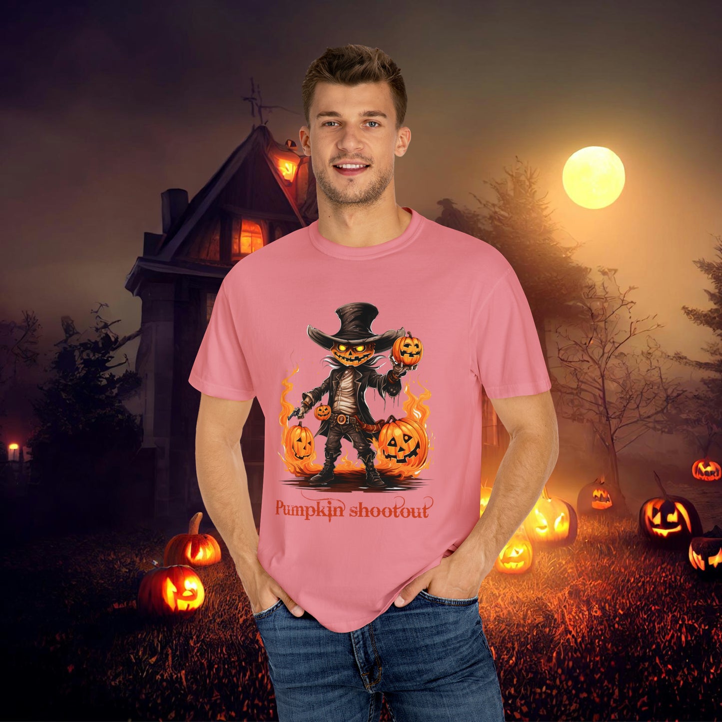 Cowboy Skeleton Gunslinger Pumpkin Shoot Out Halloween Unisex Garment-Dyed T-shirt Gifts for her Gifts for him