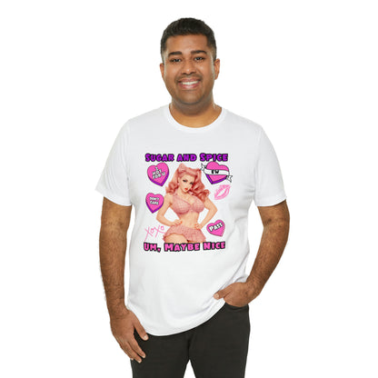 Sarcastic Elegance: Vintage Pink Pinup Girl "Sugar and Spice" on a Bella+Canva 3001 Unisex Jersey T-Shirt - A Must-Have Gift for her